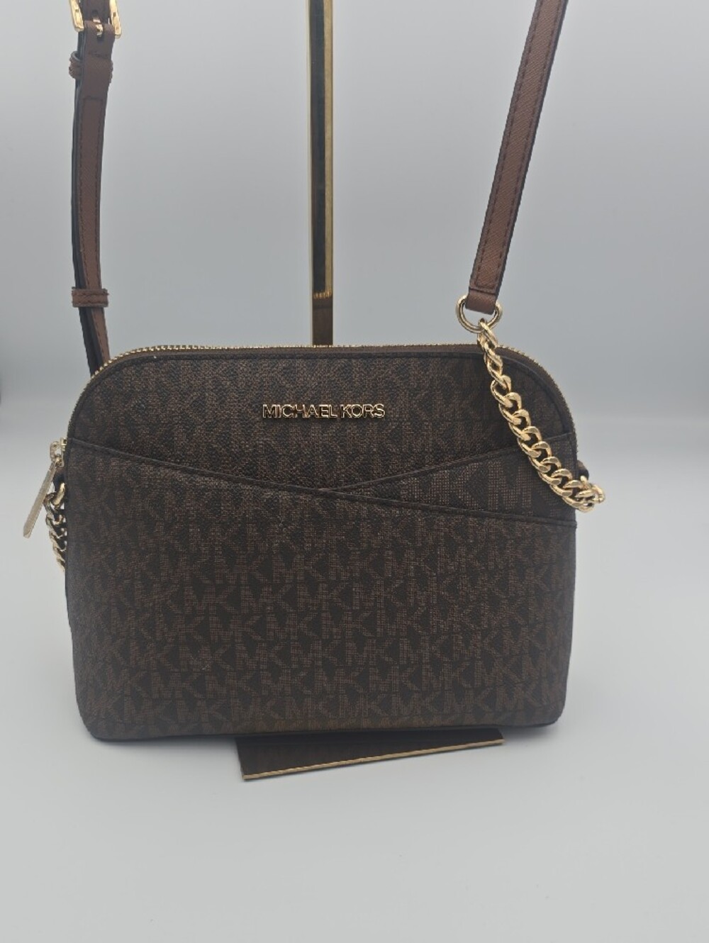 Michael Kors Brown Signature MK Dome Small Crossbody W/ Gold Chain (EUC)✨️ - Picture 5 of 14